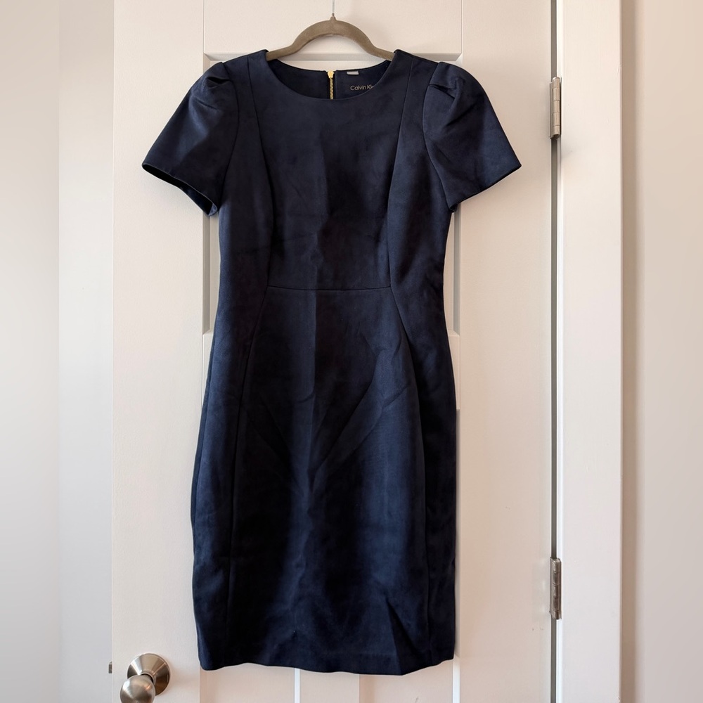 Calvin Klein Blue Midi Sheath Dress with Puff Sleeves